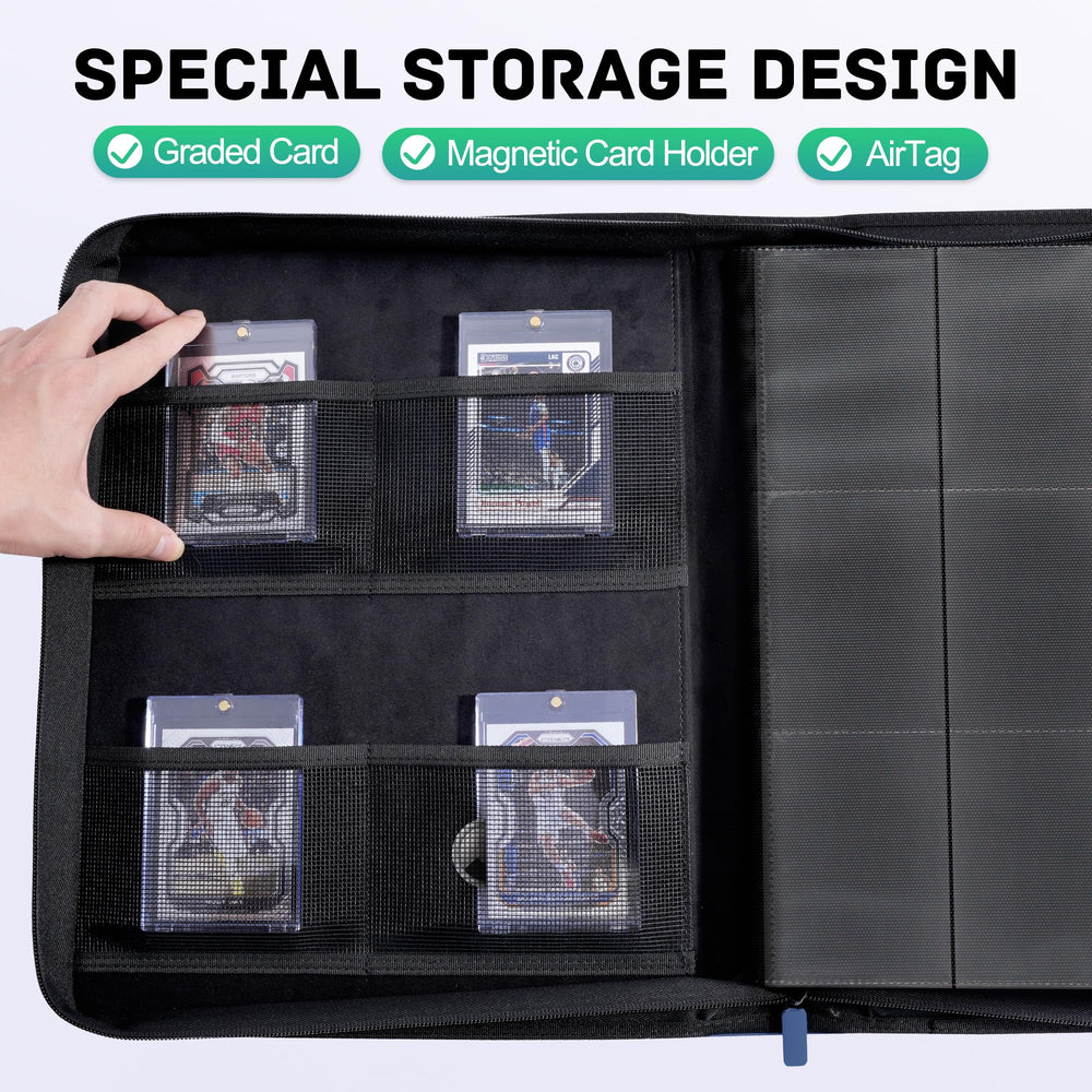 ZLCA binder blue pockets closeup shows durable sleeves protecting collectible cards