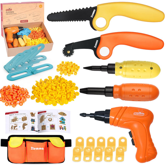 ZLemma Kids Cardboard Construction Toolset with drill demonstrates safe, realistic DIY play for developing fine motor skills.