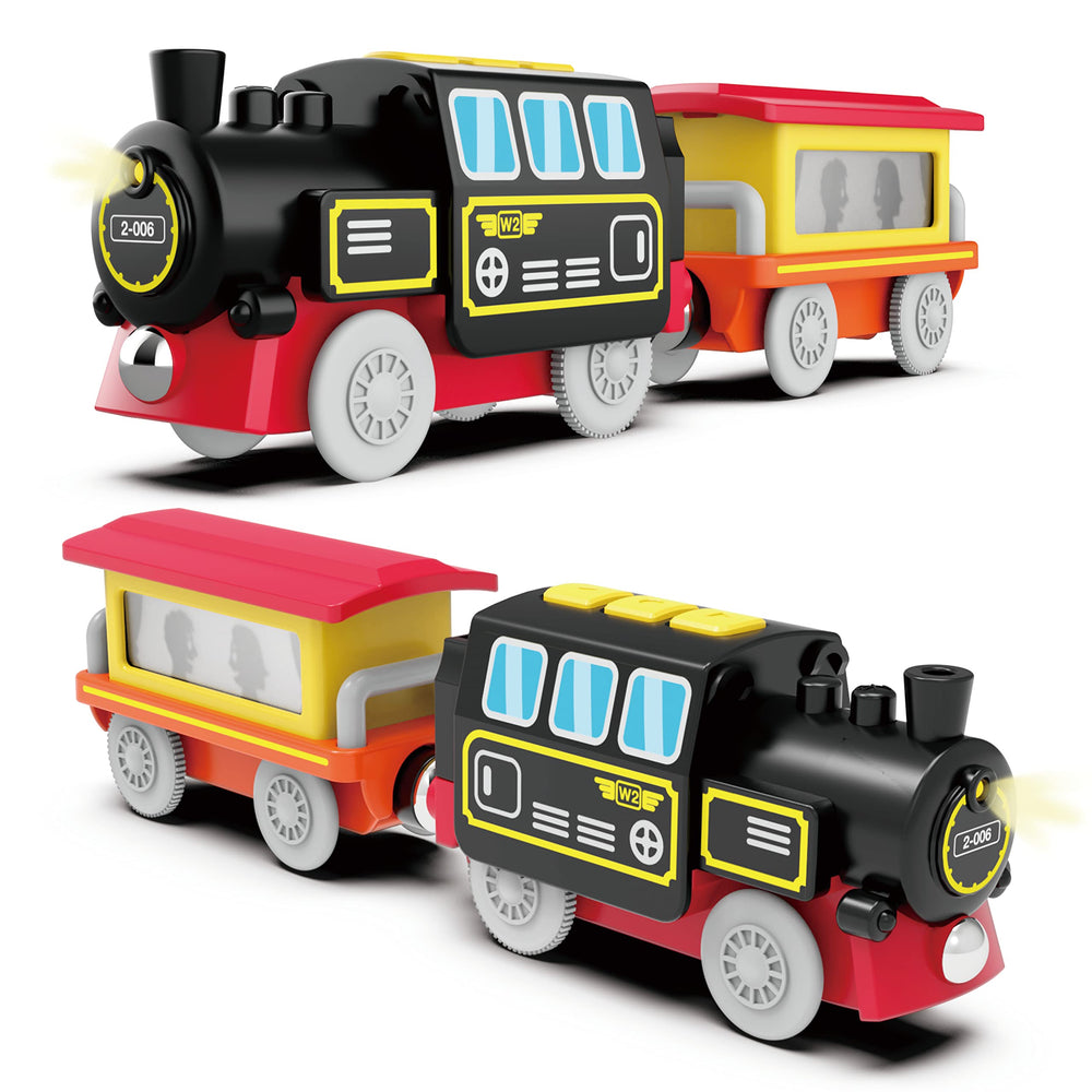 Z MAYABBO motorized train producing realistic sounds for storytelling on wooden tracks.