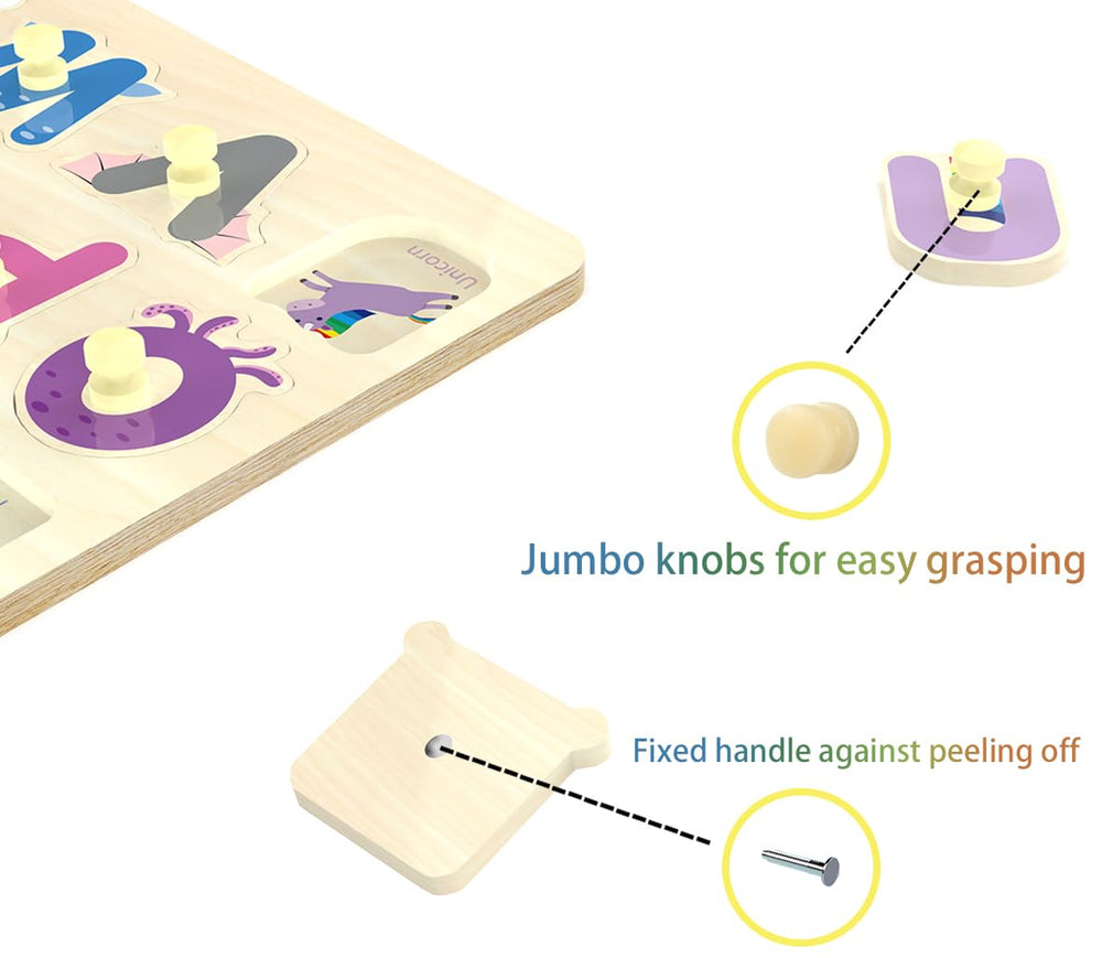 Sturdy wooden board and thick pieces endure daily toddler play.