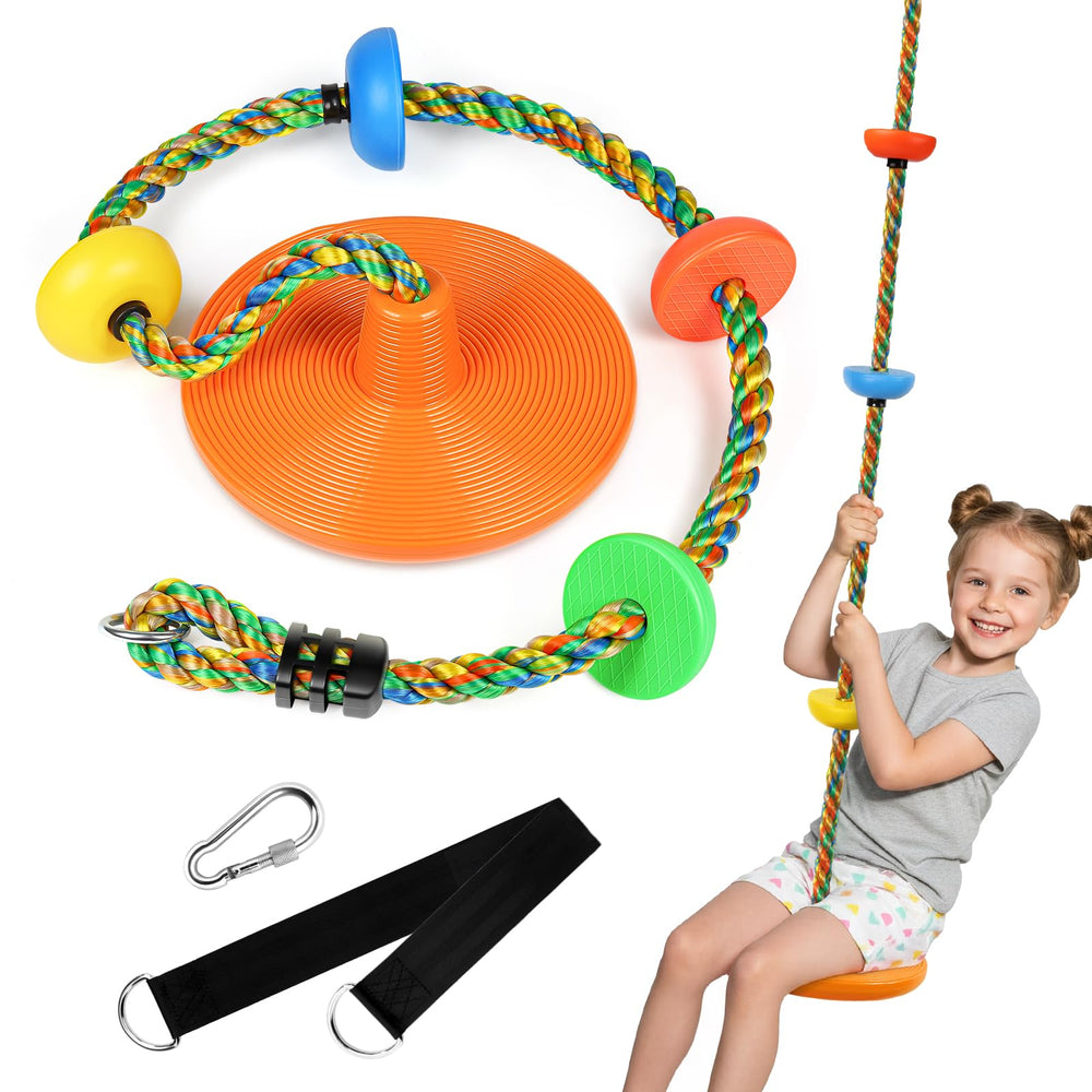ZNCMRR orange disc swing adds vibrant outdoor focal point.