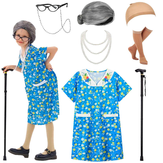 Znorso Old Lady Costume Kit dress close-up; soft cotton blend for comfy wear