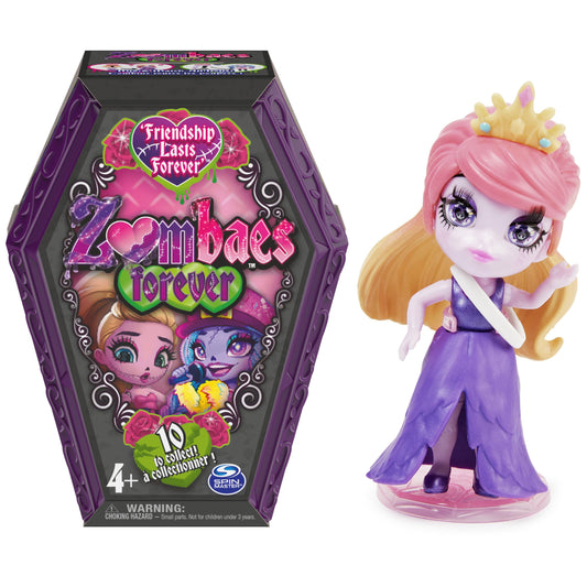 Zombaes Forever coffin unboxing showing a stylish 3.5-inch zombie doll for imaginative play