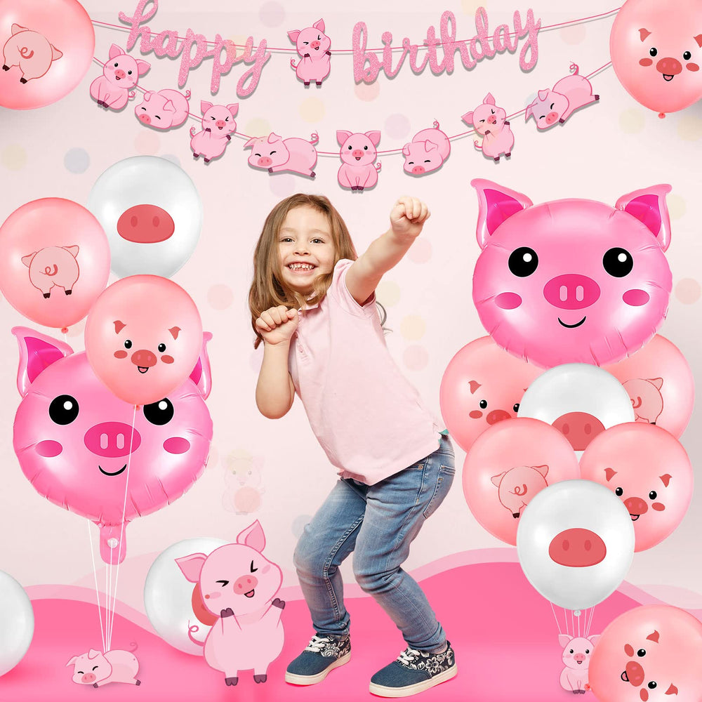 Zomiboo pig themed latex balloons in 3 styles elevate table and room decor.