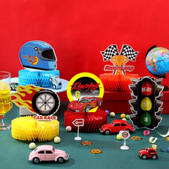 Zonon lets-go racing decor set creates a lively party backdrop.