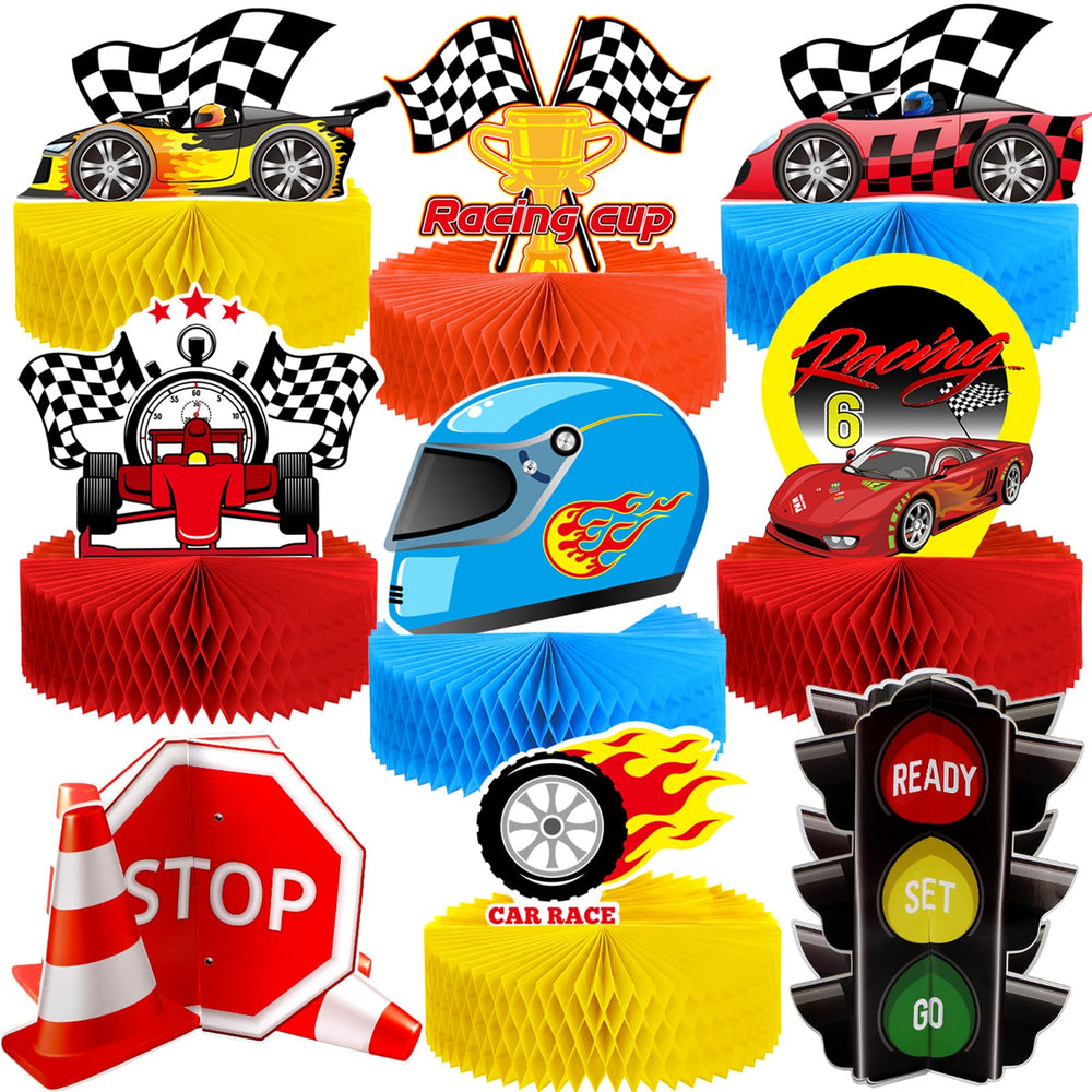 Zonon race car honeycomb centerpiece brightens birthday tables.