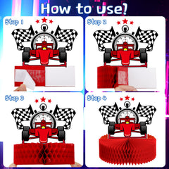 Zonon racing helmet, flag, and trophy decor adds theme accents.