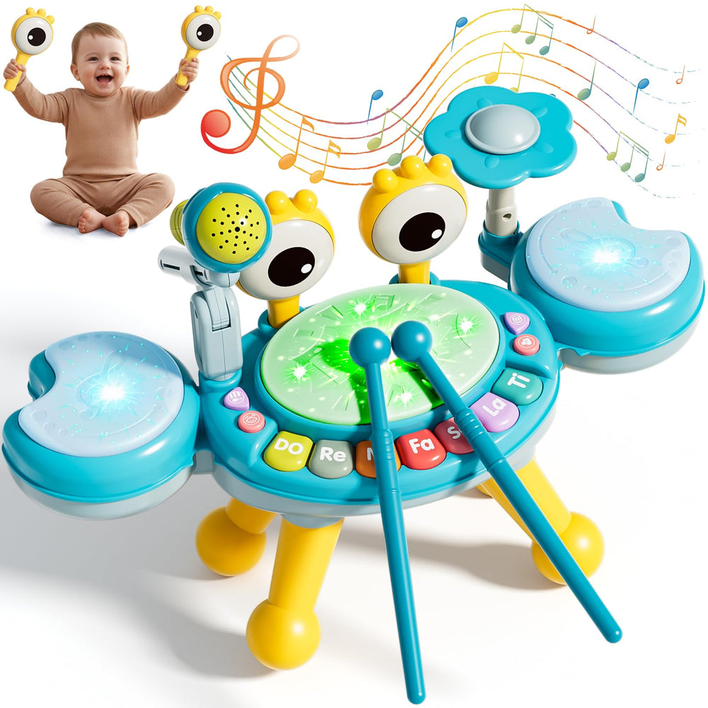Zsinb toddler drum set blue front view with light-up microphone for early rhythm play