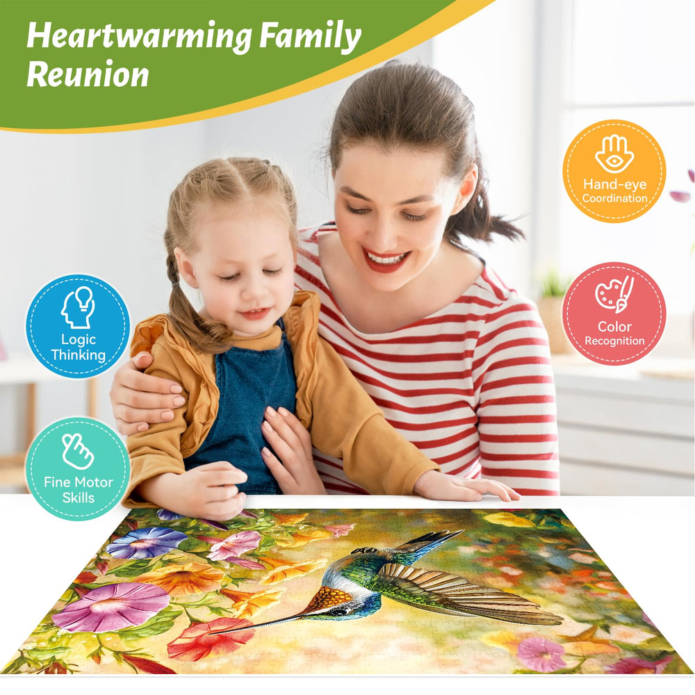 ZSYCZAO 500-piece puzzle with a right-facing hummingbird among bright blossoms