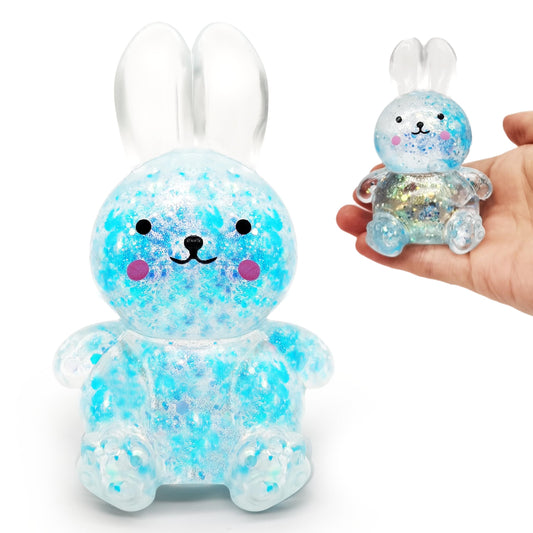 ZTATU Bunny Squishy Toy blue face closeup showcases tactile joy for stress relief and focus.