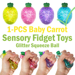 ZTATU Glitter carrot squishy ball showcasing tactile exploration and stress relief.