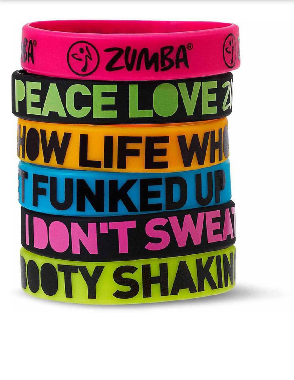 Zumba Express Yourself bracelets 6-pack in assorted colors for everyday wear.