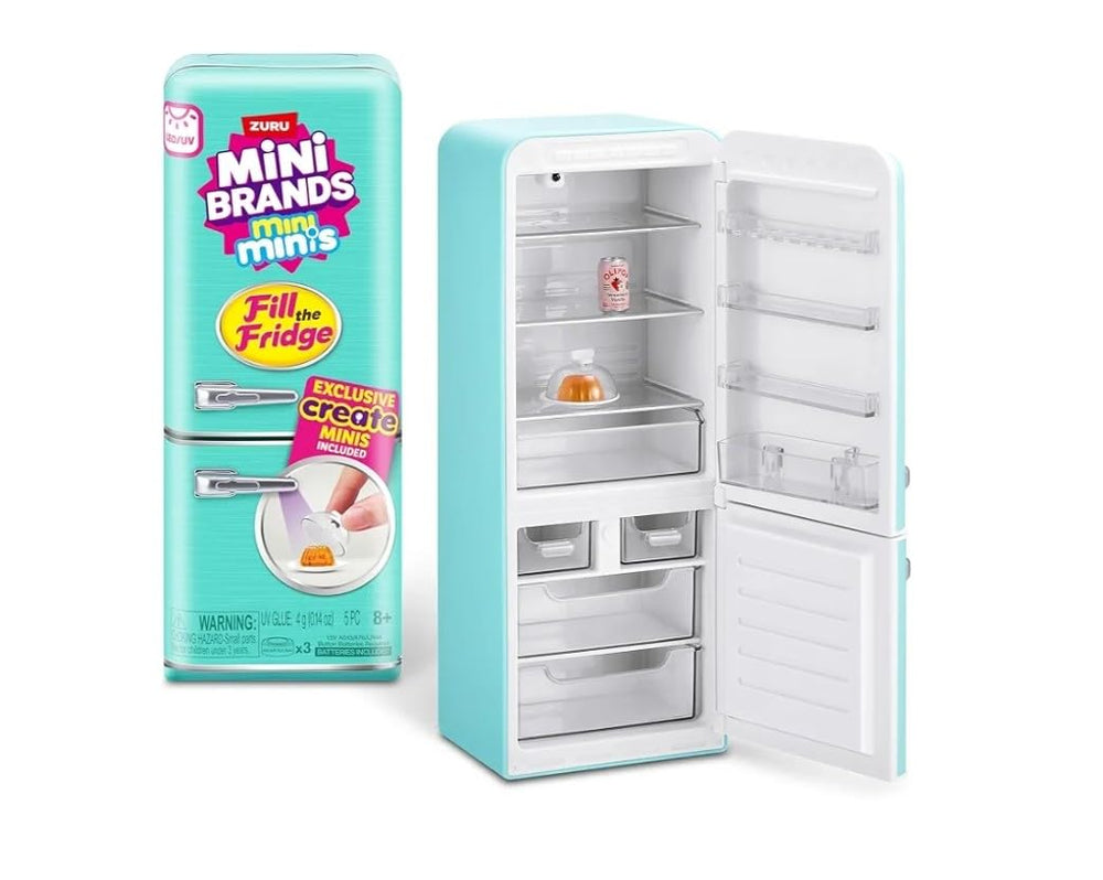ZURU Mini Minis fridge door-open view shows easy access to miniatures.