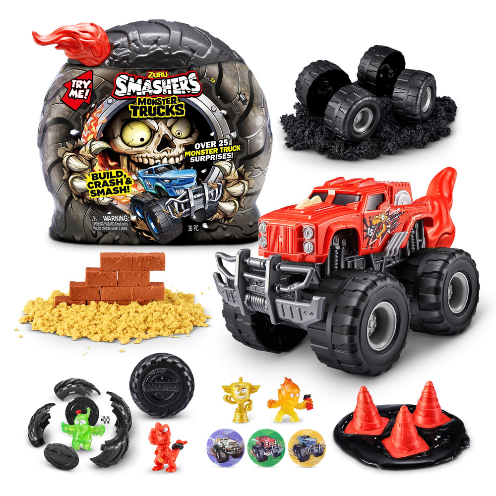 ZURU SMASHERS Monster Wheels Red Flame Pack cover shows exciting unboxing and collectible surprises.