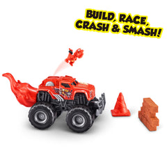 ZURU SMASHERS Monster Wheels Red Flame Pack opened, revealing surprises and buildable parts.