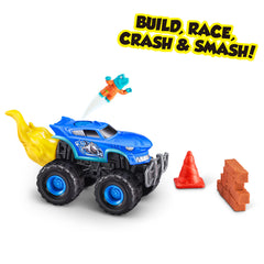 Unboxing moment shows three included trucks ready for play and race setups.
