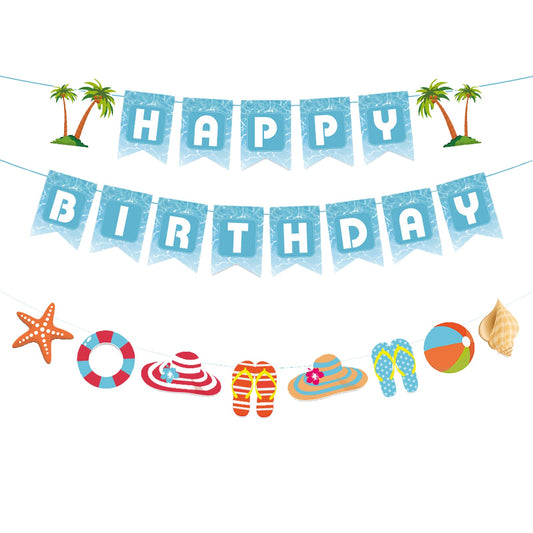 Zwiebeco seaside birthday banner in blue and white creates festive beach vibes.