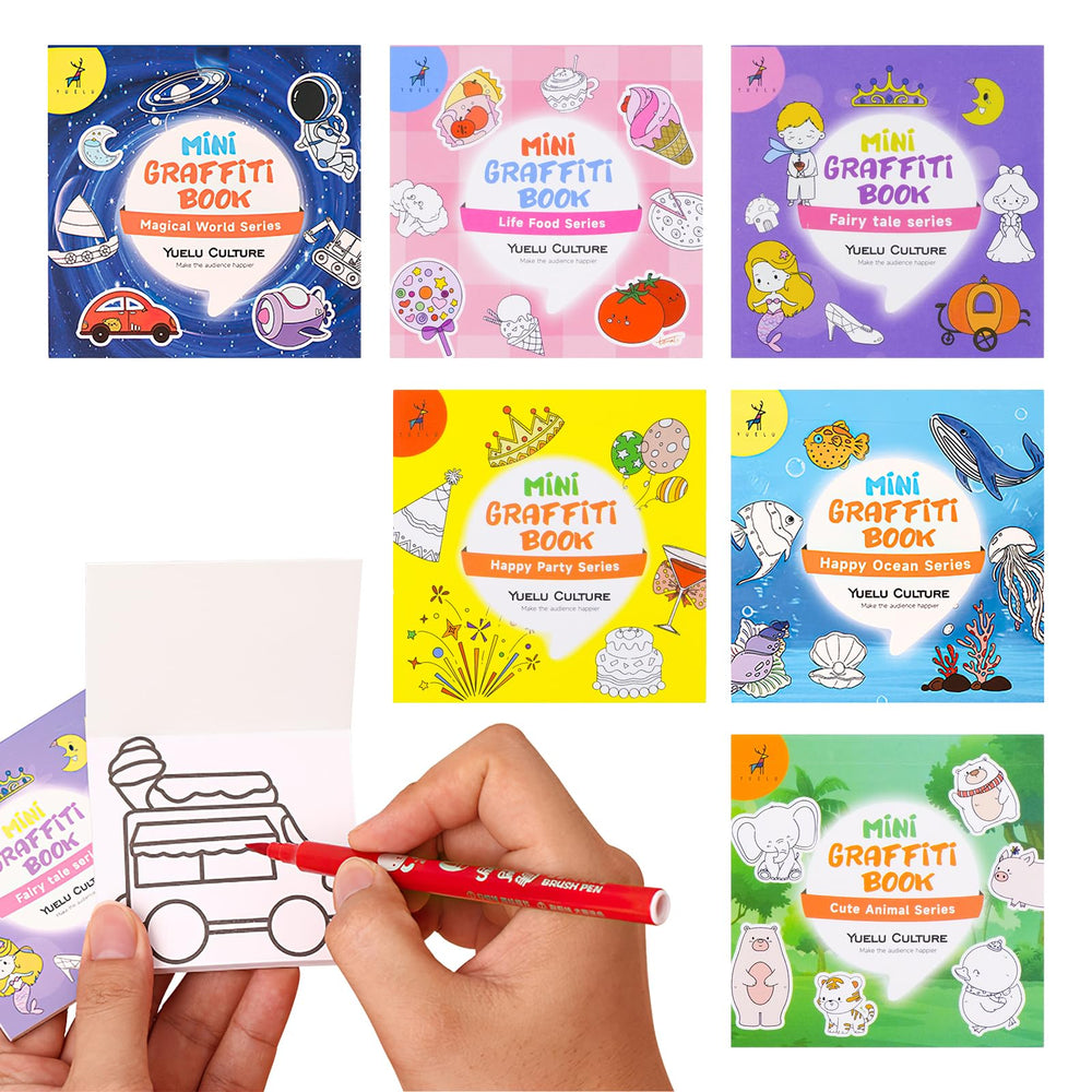 Zxvskr mini coloring books 6-pack display with vibrant, fun illustrations for quick focus.