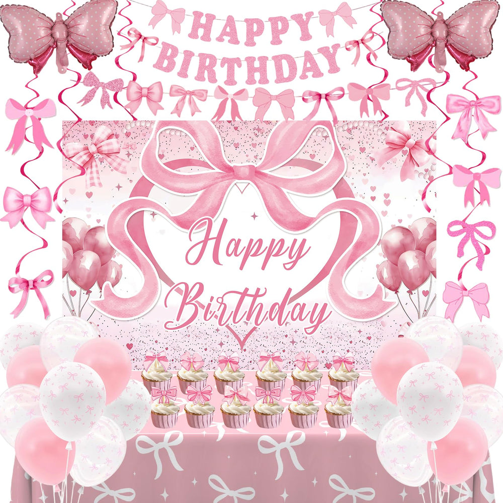 Zyikoch pink bow banner brightens the party backdrop for photos.