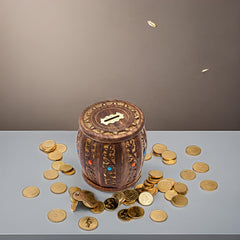 ZYNTIX round piggy bank wood grain closeup highlights natural texture.