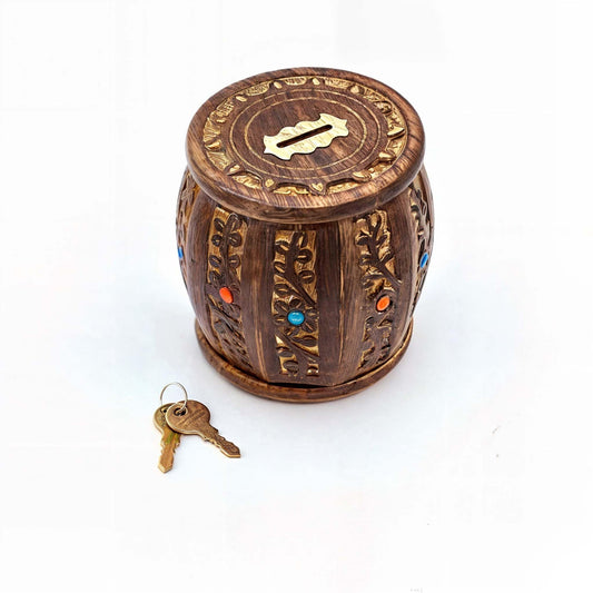 ZYNTIX wooden antique round piggy bank with lock secures savings.