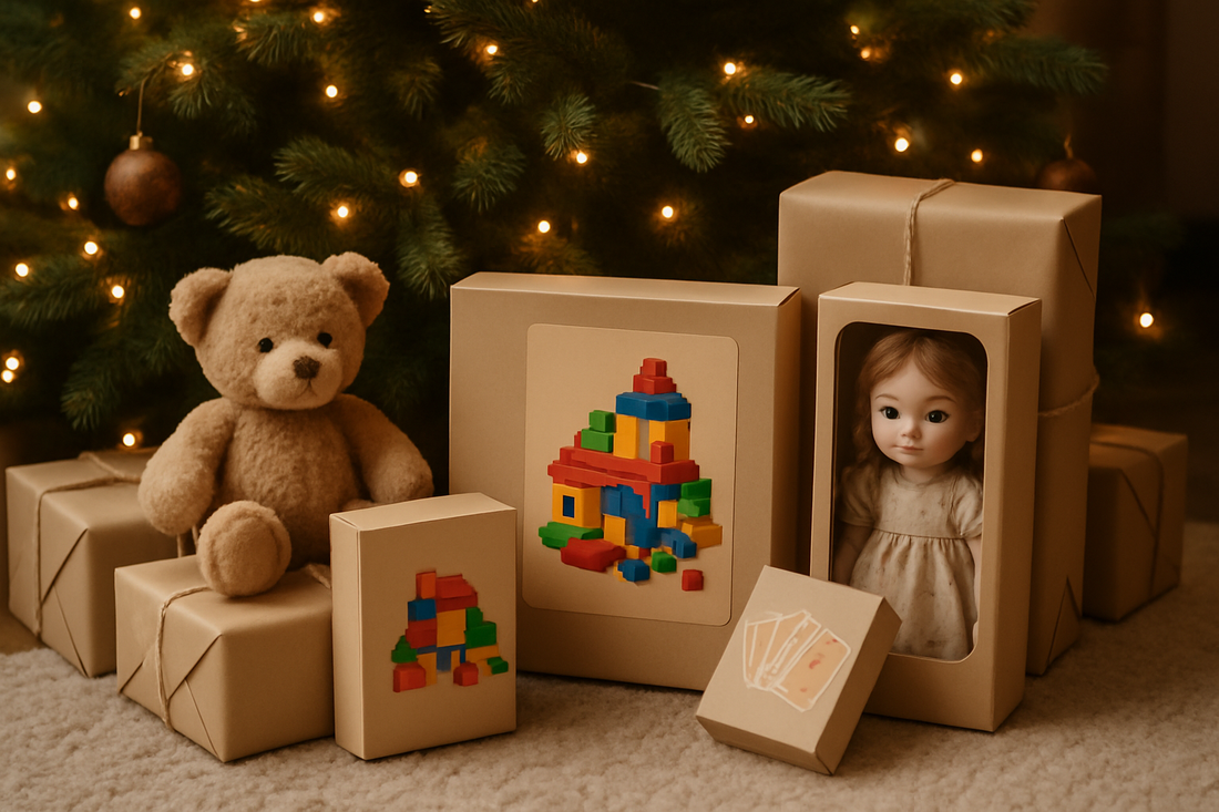 Wrapped Christmas presents under a tree with toys peeking out in warm light