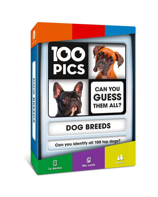 100 PICS Dogs Travel Game slide reveal case shows a dog breed card for on-the-go learning.