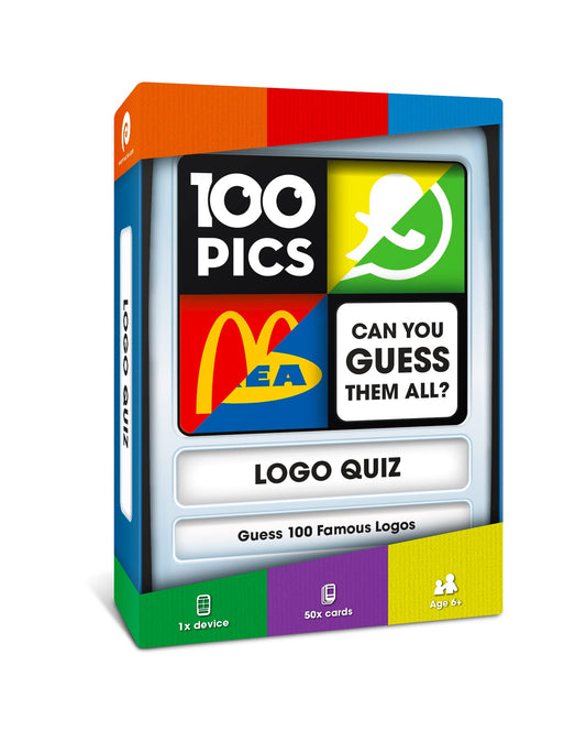 100 PICS Logos Travel Game with a slide-reveal case for quick logo challenges on the go.