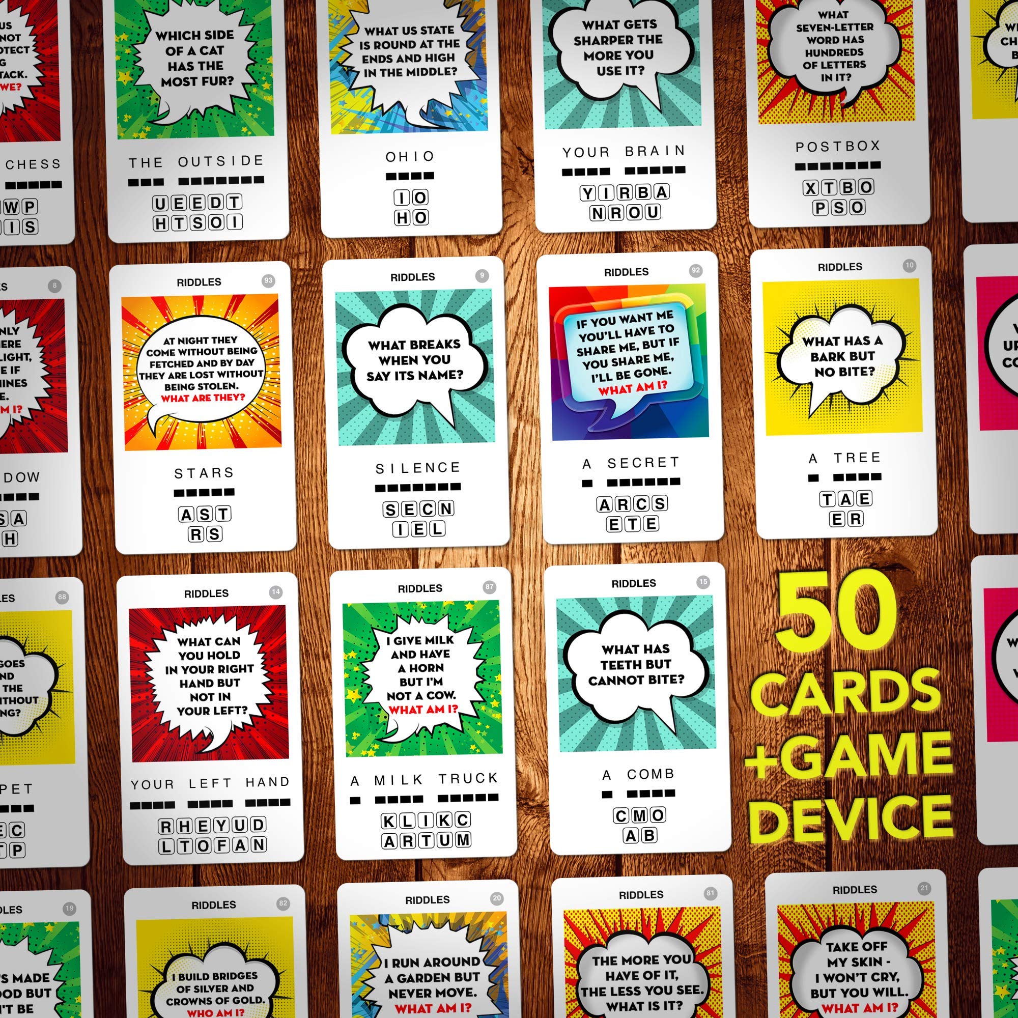 Question card in hand from 100 PICS Riddles Travel Game ready for a guess