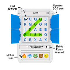 Cards and slide-reveal case of the 100 PICS Word Search Travel Game arranged neatly.