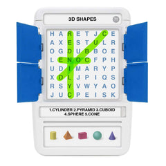 Compact travel toy design of 100 PICS Word Search Travel Game fits in a bag.