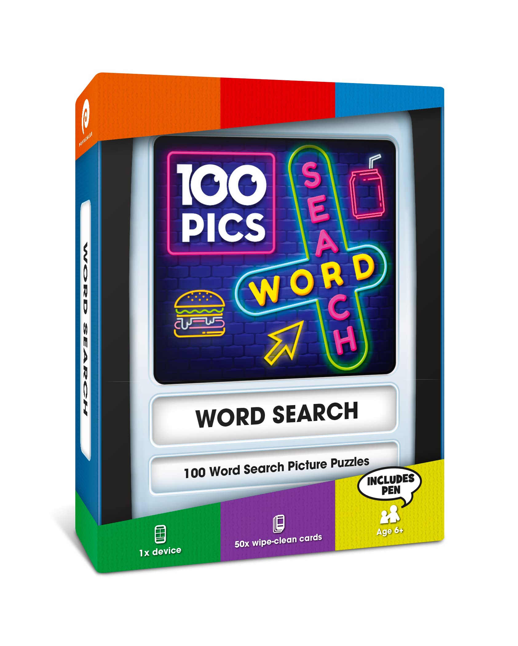 100 PICS Word Search Travel Game front cover showcases vibrant artwork for family fun during travel.
