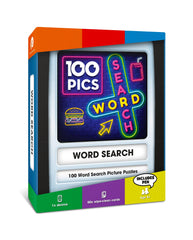 100 PICS Word Search Travel Game front cover showcases vibrant artwork for family fun during travel.