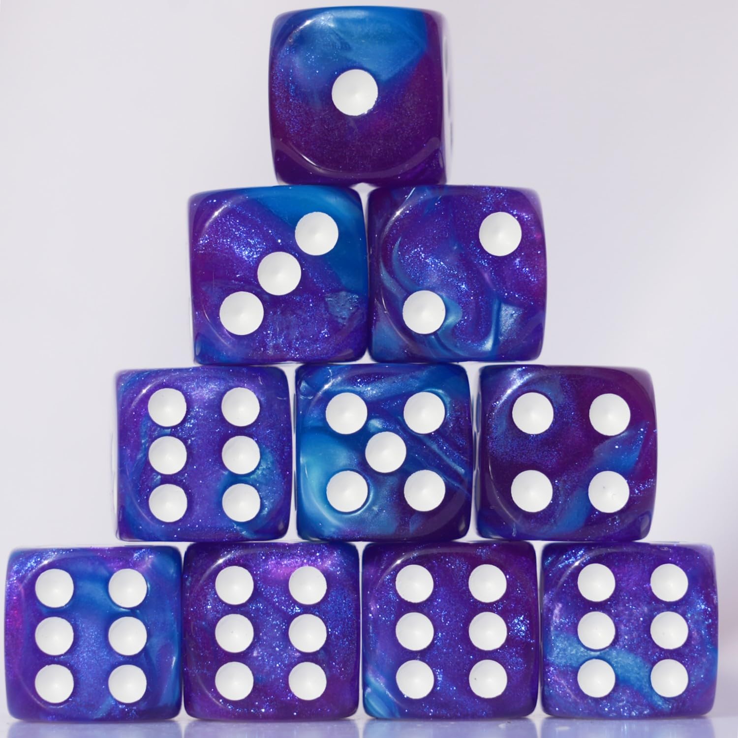 10pc D6 dice in purple and blue with swirled acrylic for smooth RPG rolls.