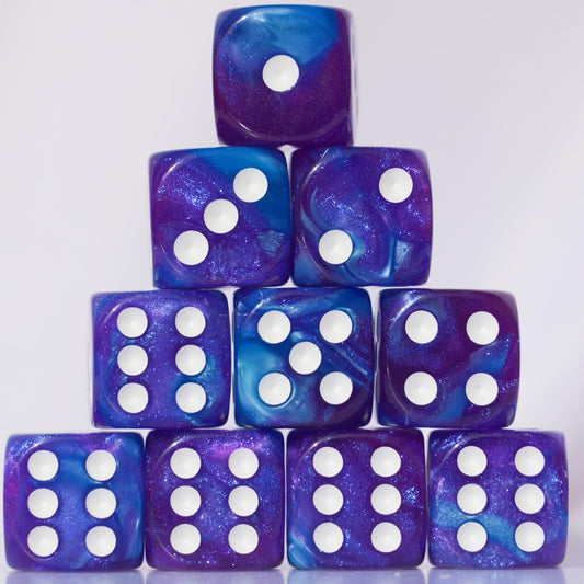 10pc D6 dice in purple and blue with swirled acrylic for smooth RPG rolls.