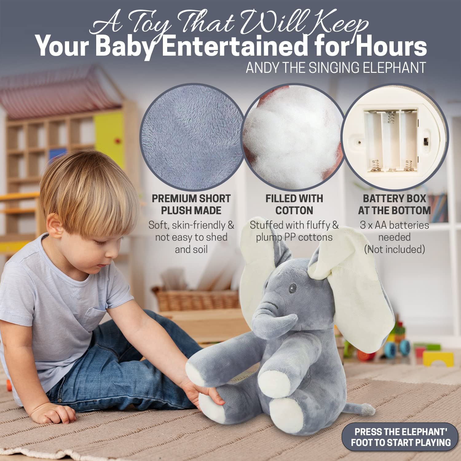 Soft plush fabric for cozy cuddles with Andy the Elephant