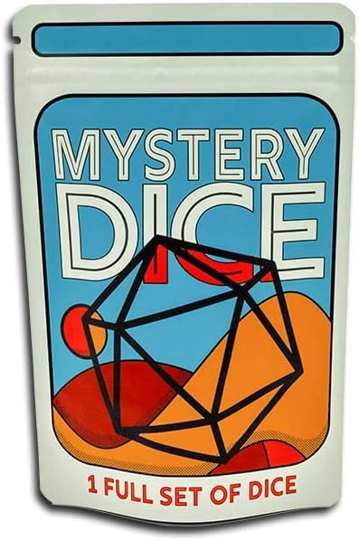 1985 Games Mystery Dice set of seven polyhedral dice with vibrant patterns for RPG sessions.