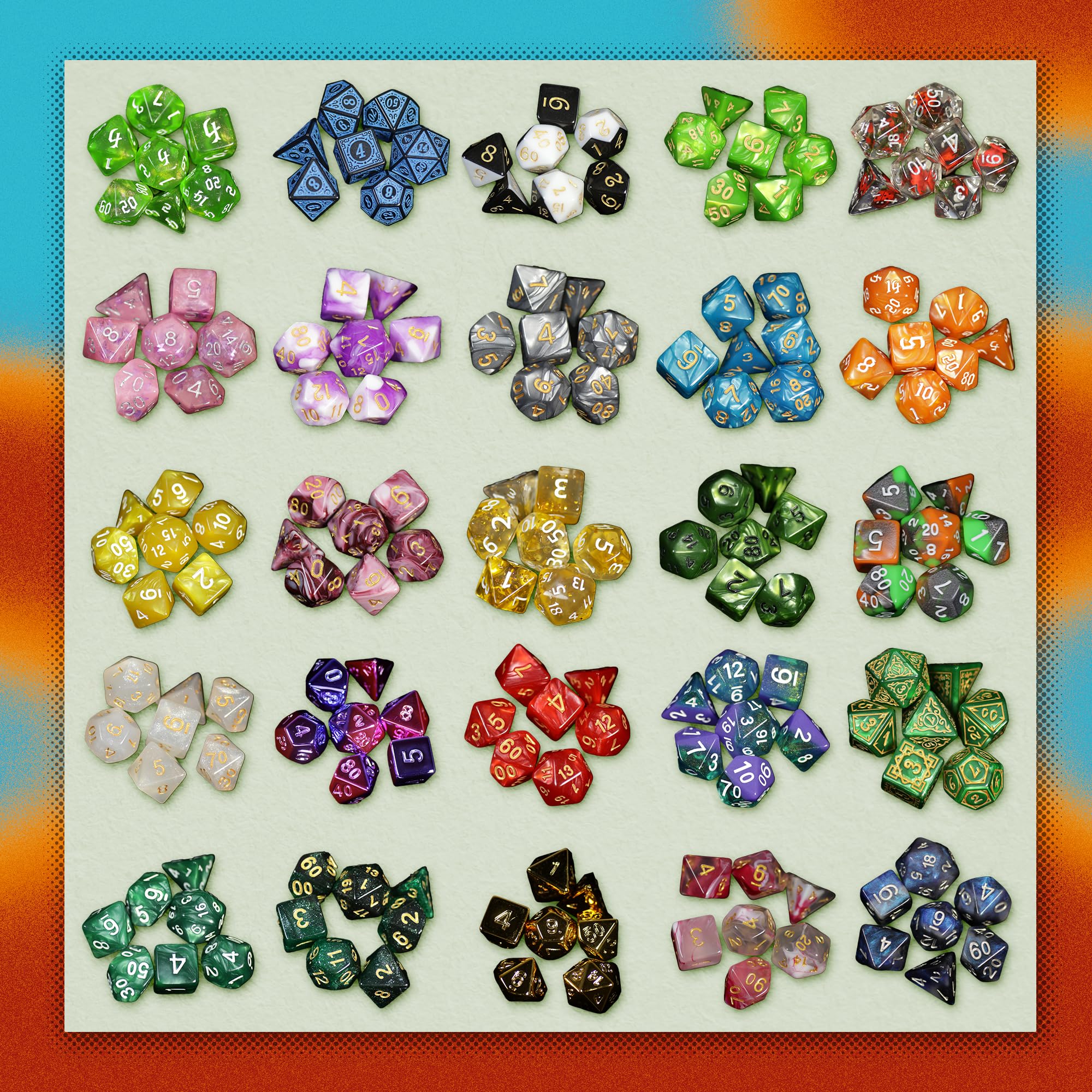 Assorted colors and patterns from 1985 Games Mystery Dice for varied strategy.
