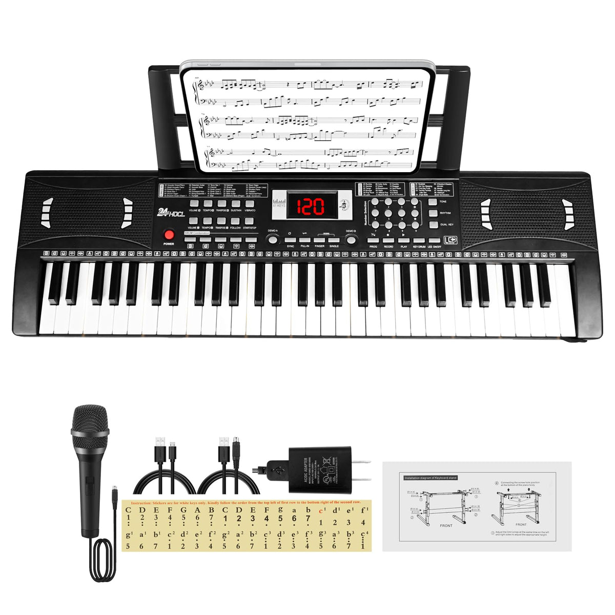 24HOCL 61-key keyboard with LED-lit keys for beginner practice