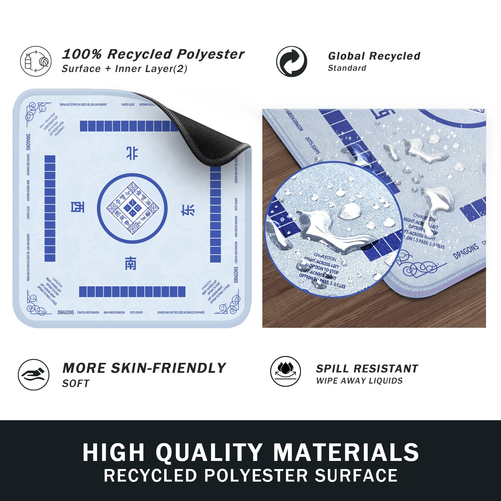 2F22E Mahjong Mat sky blue waterproof surface resists spills during games.