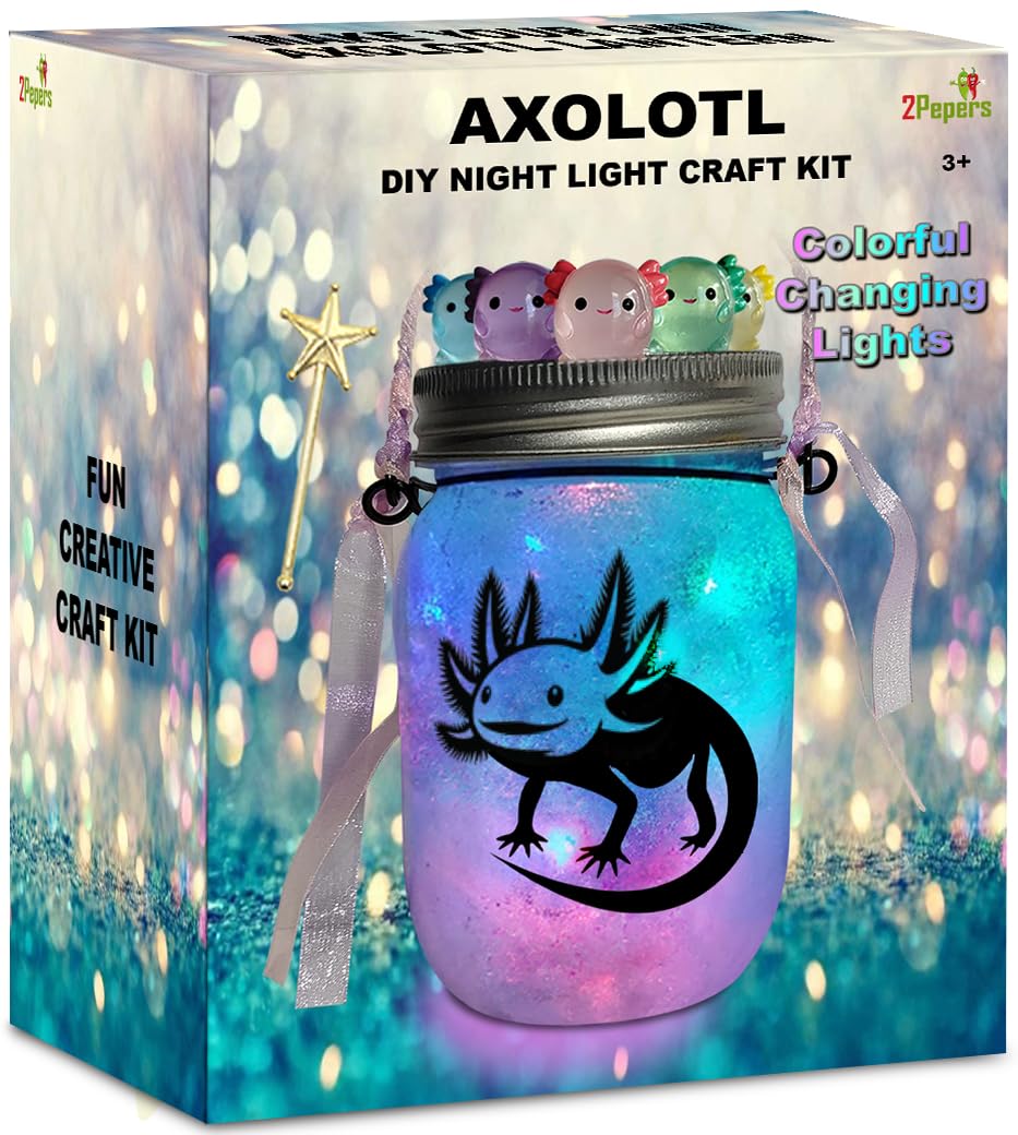 2Pepers axolotl lantern jar kit with colorful LED lights for magical room decor.