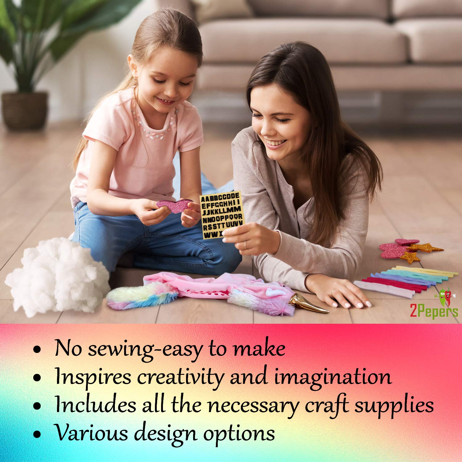 2Pepers fleece strips bundle adds vibrant accents to the unicorn pillow craft.