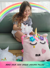 2Pepers unicorn pillow kit materials list shows metallic horn and fabric accents.