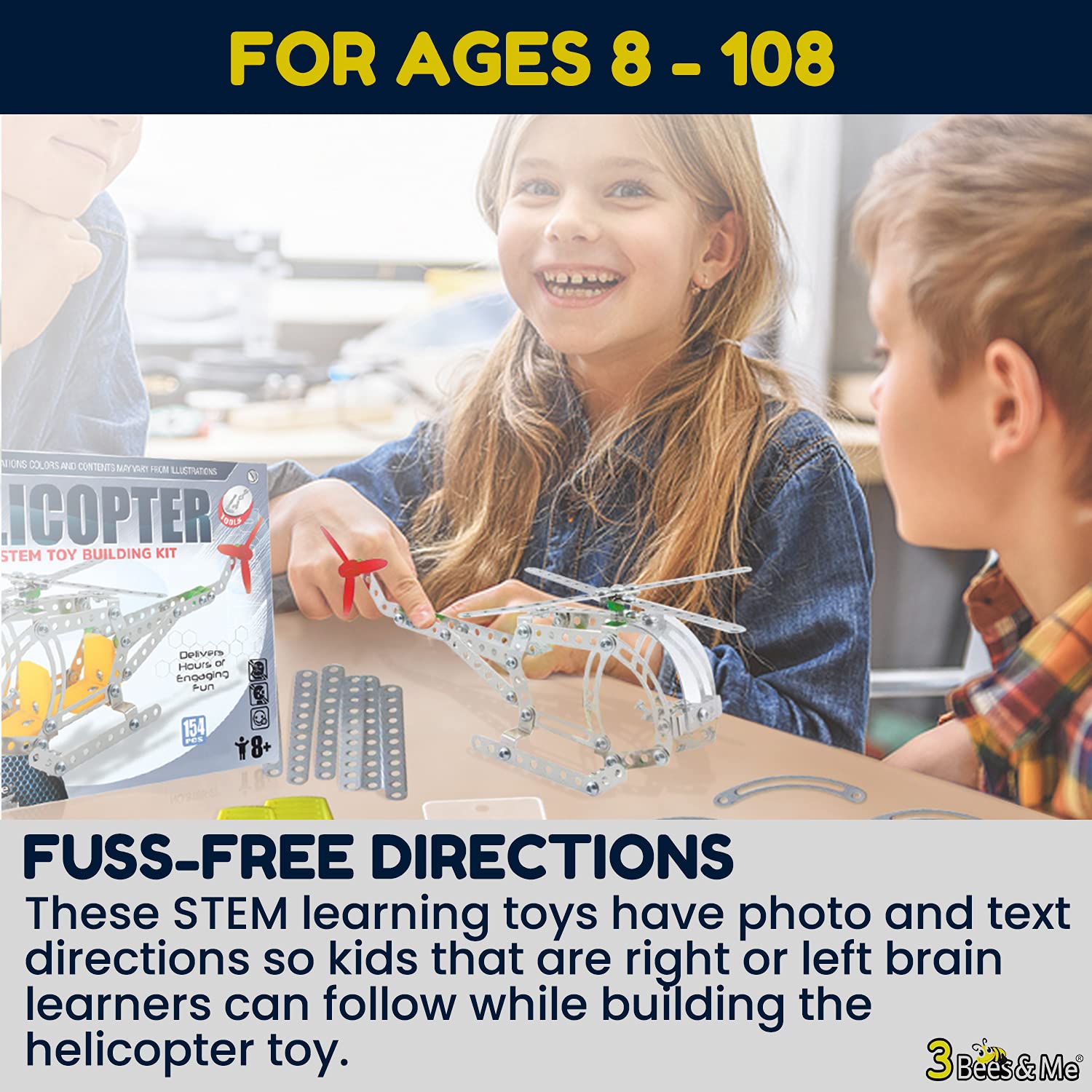 3 Bees & Me assembly guide close-up emphasizes beginner-friendly steps for ages 8 and up