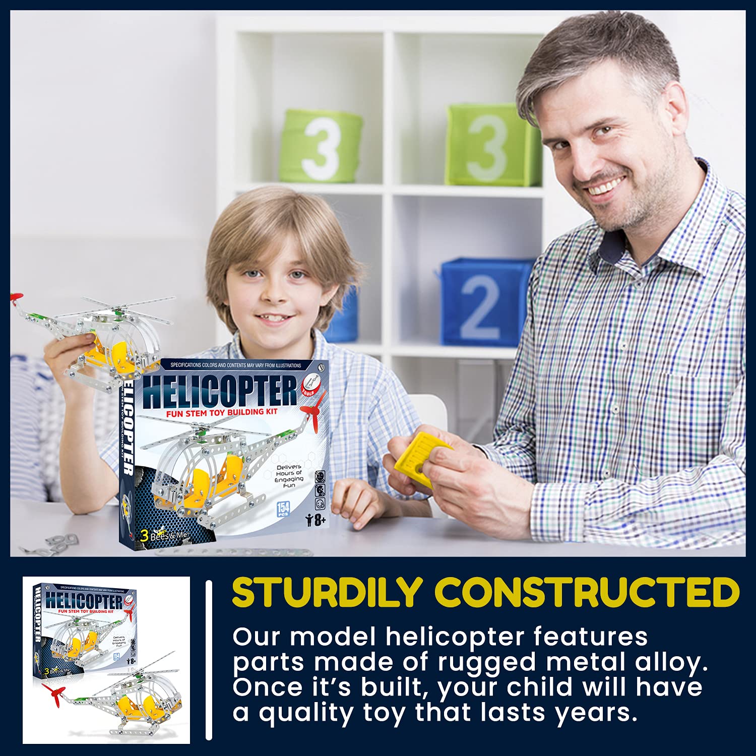 3 Bees & Me child building helicopter captures imaginative STEM play and learning