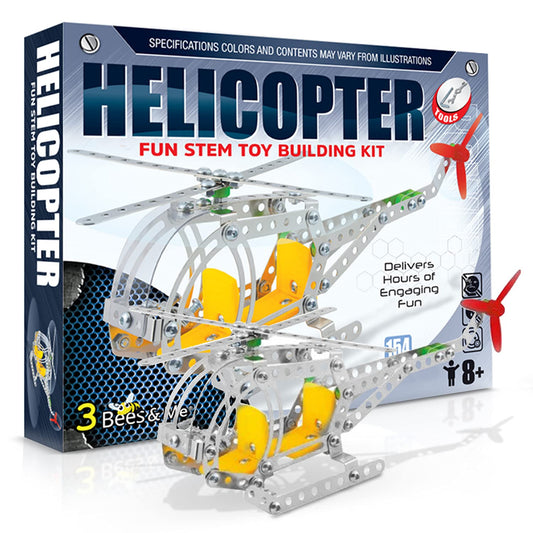 3 Bees & Me metal helicopter erector set front view highlighting durable construction for lasting play