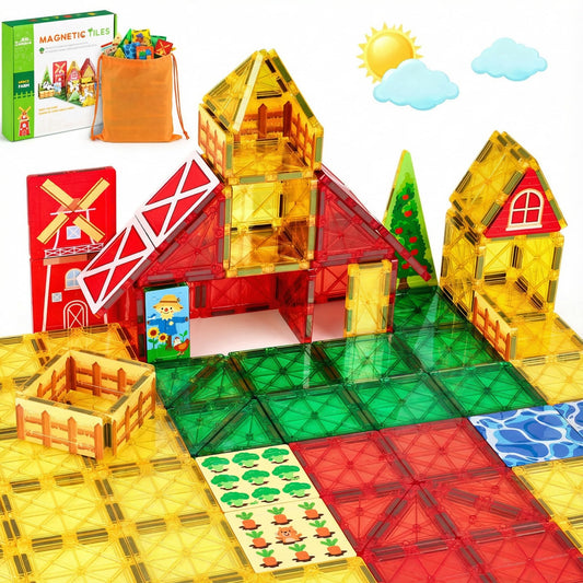 3 otters magnetic tiles farm barn – sturdy magnets enable stable 3D farm builds.