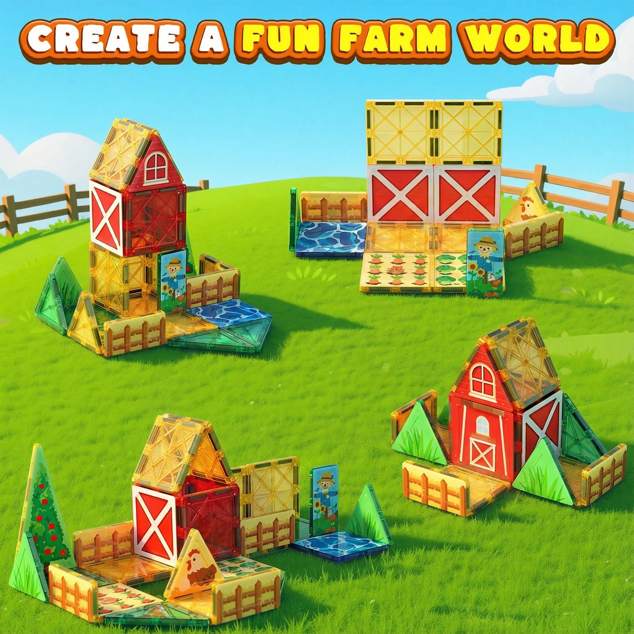 3 otters magnetic tiles farm fences – supports cooperative play and pretend scenarios.