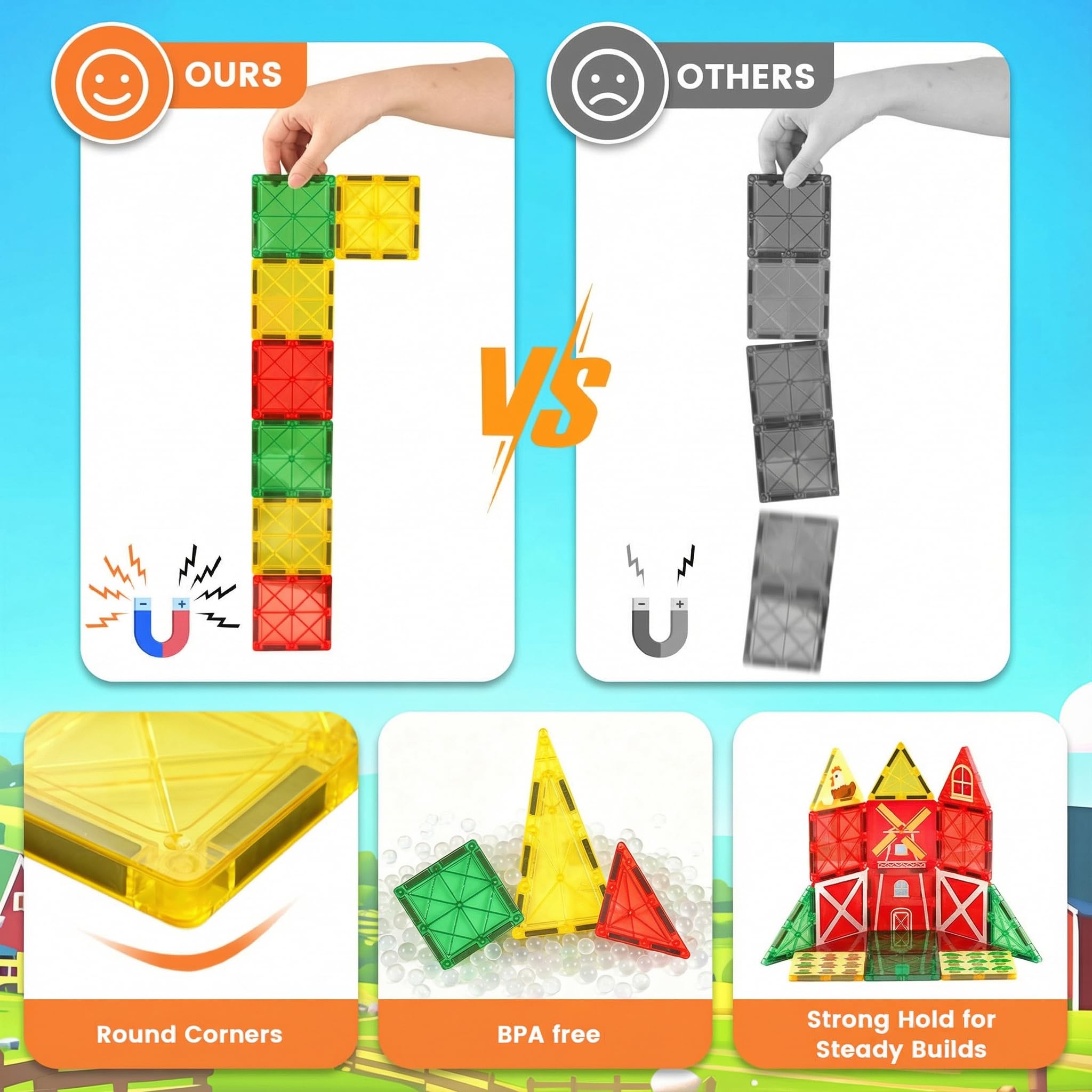3 otters magnetic tiles farm fields – colorful pieces for number and shape practice.