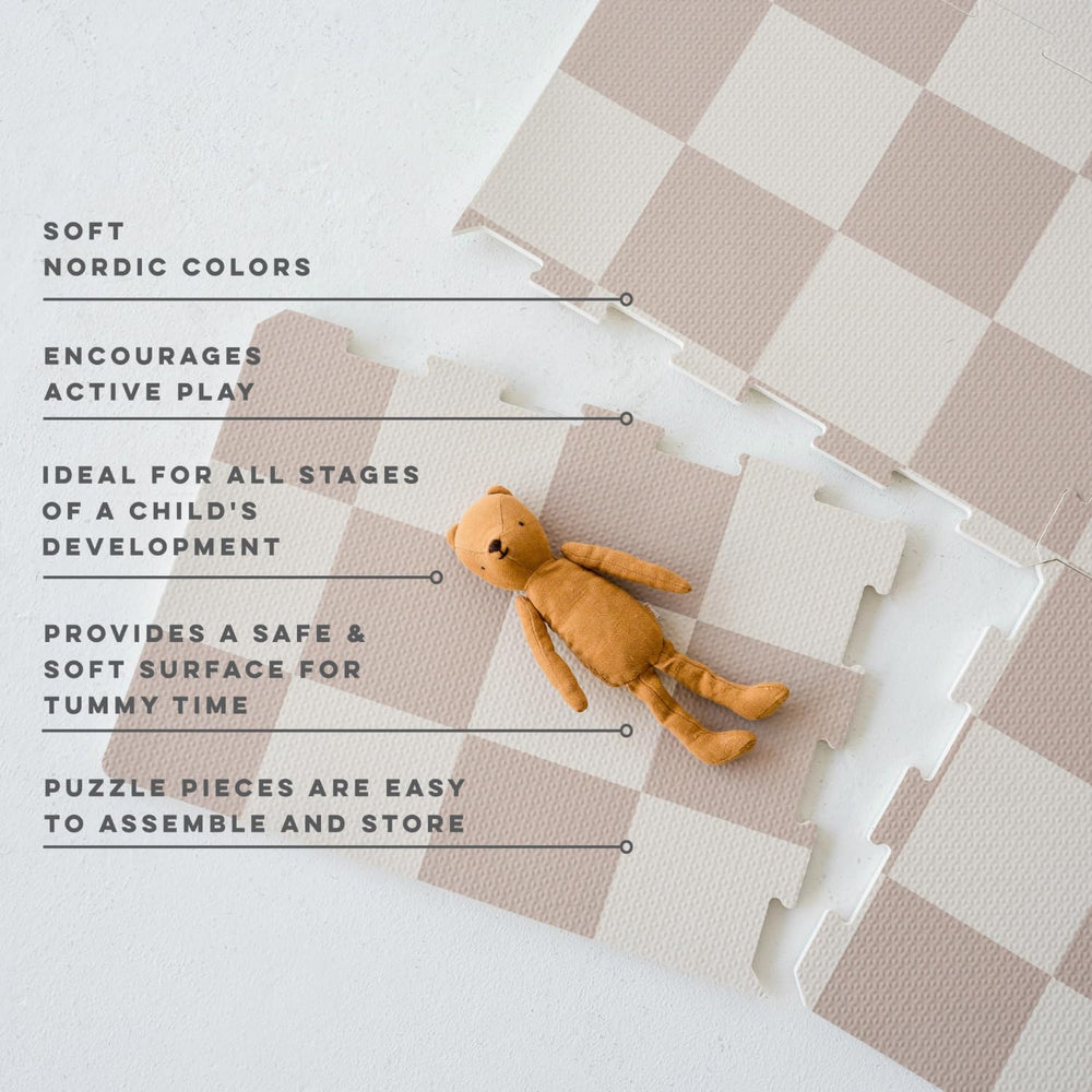 3 Sprouts beige checkerboard mat provides cushioned play surface.